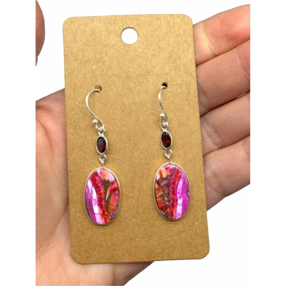 Kingman Pink Dahlia Turquoise Garnet Earrings Solid 925 Sterling Silver